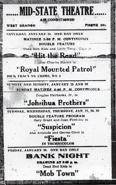 West Branch Cinema (Midstate Theater, Mid State Theater) - 1941 Ad (newer photo)